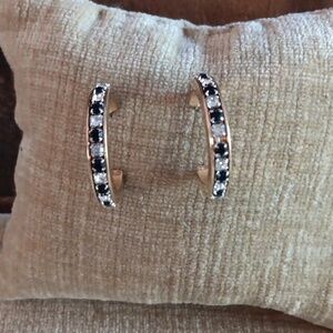 Gold Tone Black White Rhinestone Hoop Post Earrings